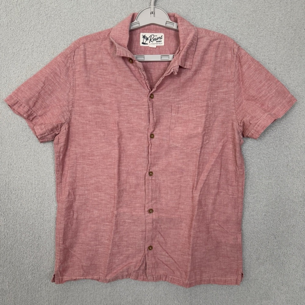Aeropostale Mens Resort Shirt Medium Pink Cotton Linen Blend Short Sleeve Button